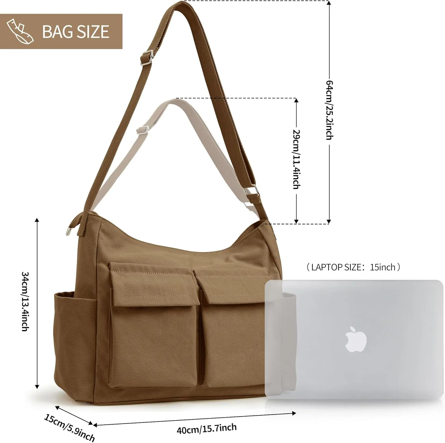 KALIDI Canvas Tote Bag Messenger Bag, Large Crossbody Bag for Women or Men, Casual Canvas Shoulder Bag for College Work Daily