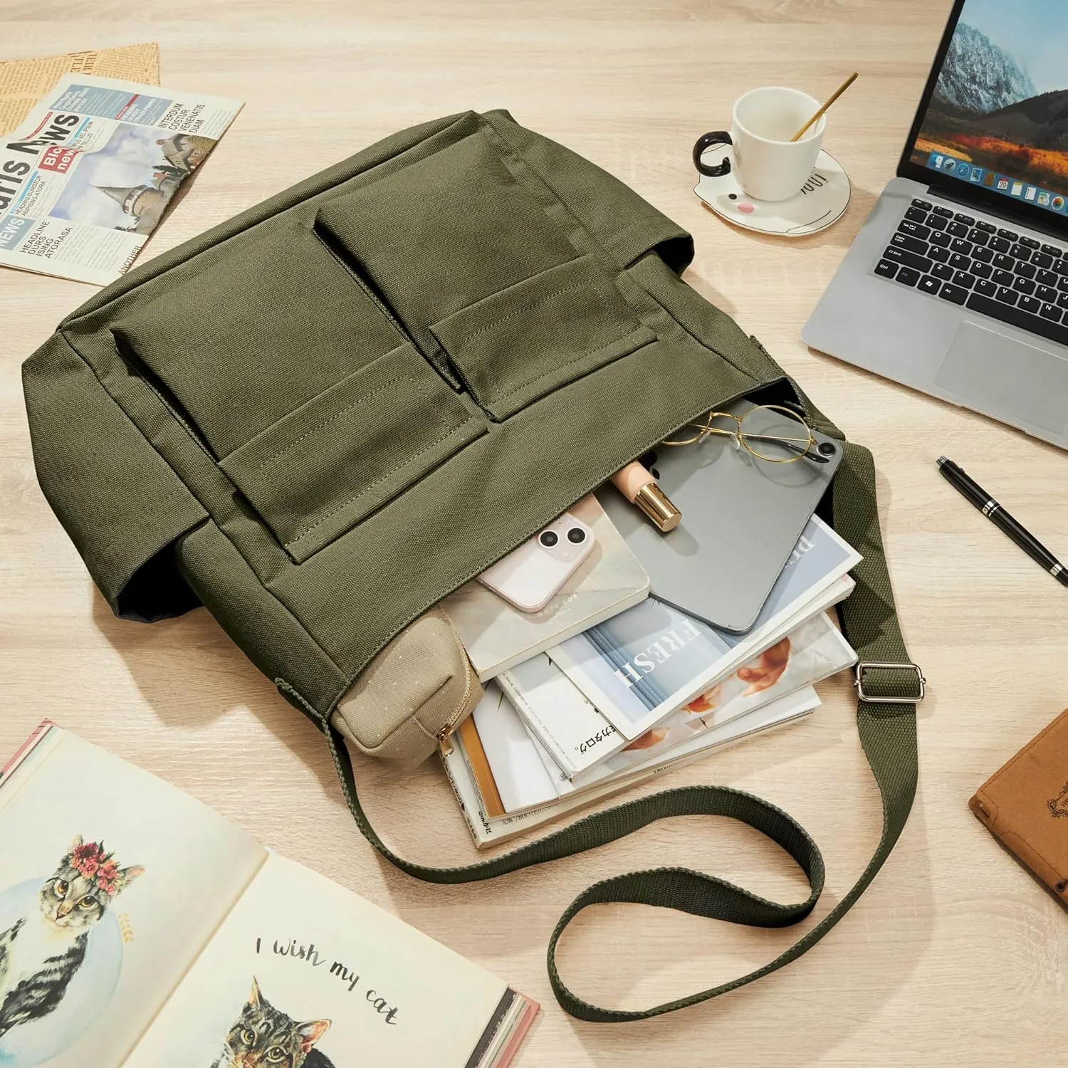 KALIDI Canvas Tote Bag Messenger Bag, Large Crossbody Bag for Women or Men, Casual Canvas Shoulder Bag for College Work Daily