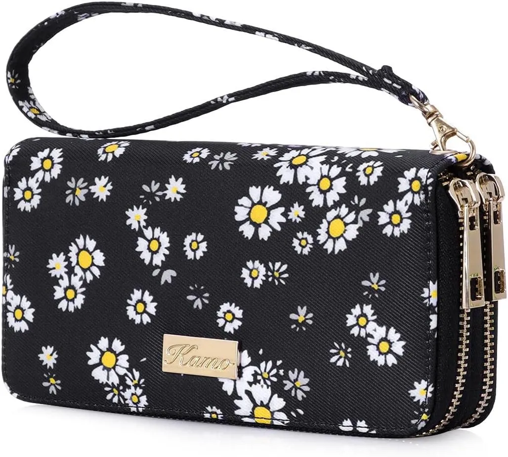 Kamo Womens Wallet Zip Around Phone Wallet Wristlet Travel Long Purse for Women Lady 6.9×3.5（Double Zipper）