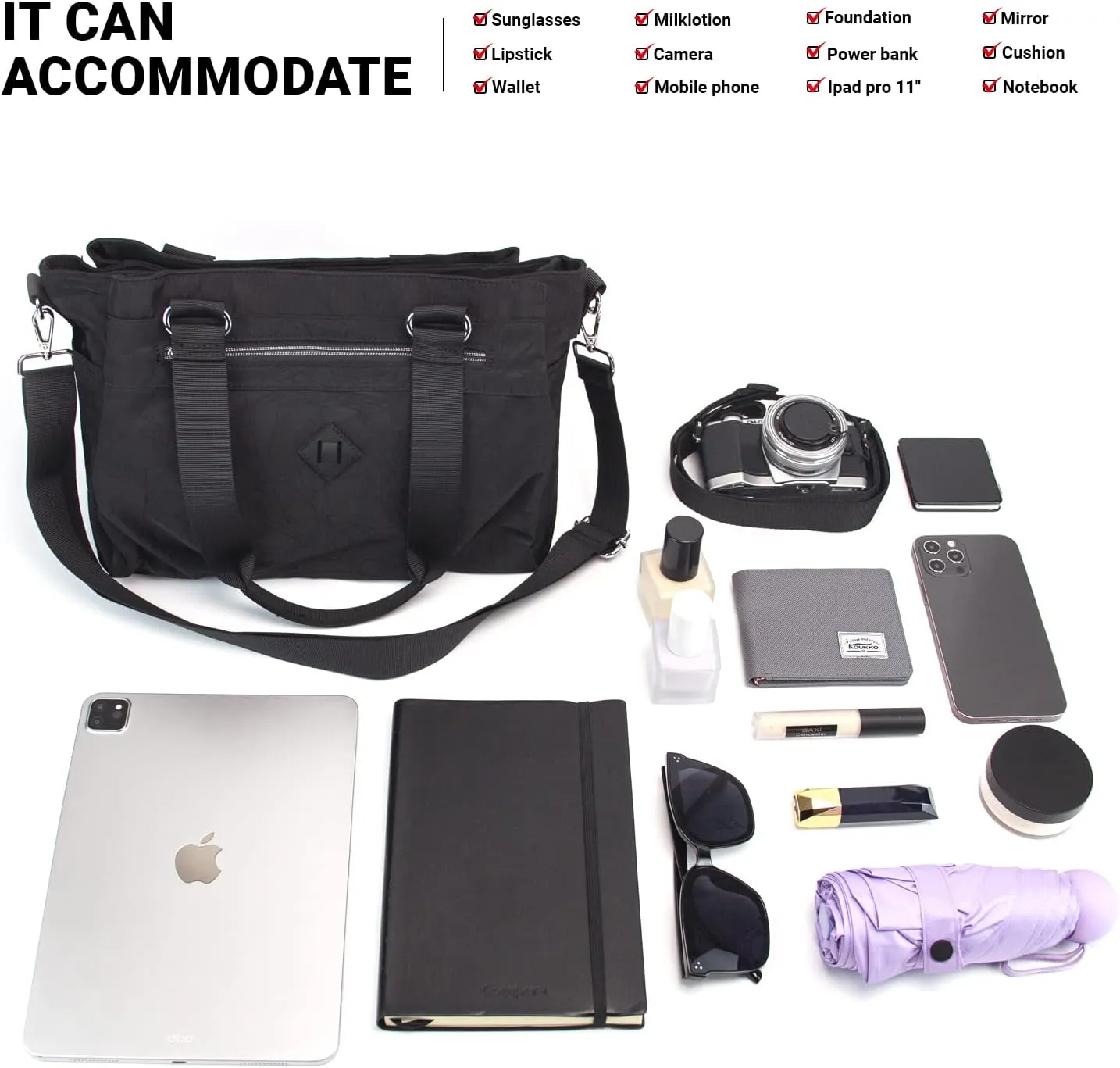 KAUKKO Women Crossbody Bag Handbag Lightweight Shoulder Purse Nylon Multi Pocket Crossbody Bag Ladies Travel Handbag