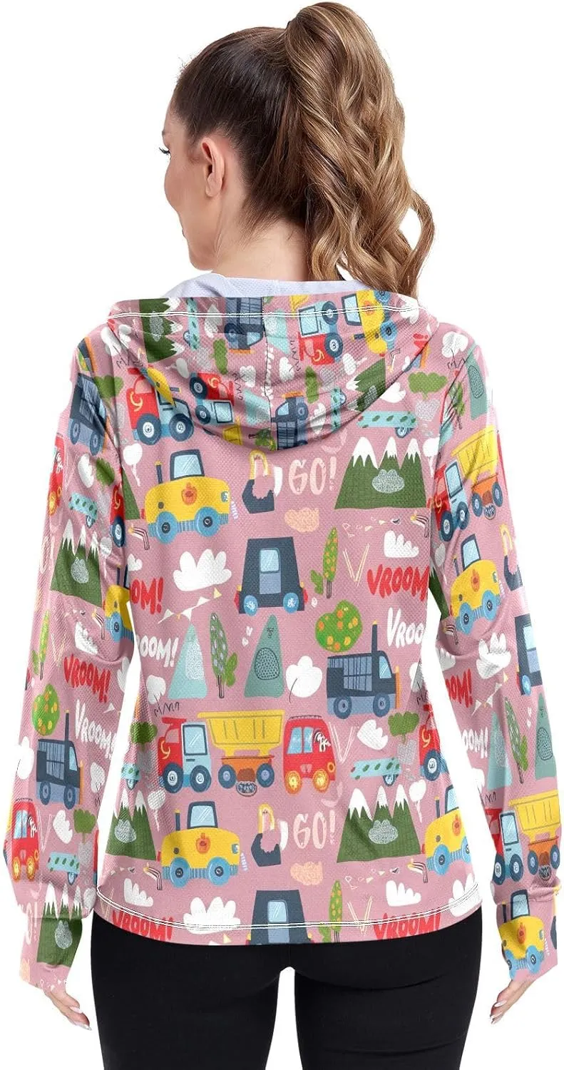 Kawaii Construction Vehiclestrucks Uv Clothes Women, Upf 50  Zip up Long Sleeve Hiking Shirt Women