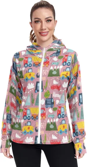 Kawaii Construction Vehiclestrucks Uv Clothes Women, Upf 50  Zip up Long Sleeve Hiking Shirt Women