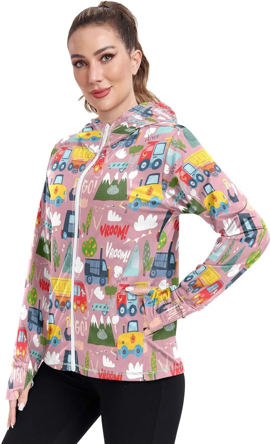 Kawaii Construction Vehiclestrucks Uv Clothes Women, Upf 50  Zip up Long Sleeve Hiking Shirt Women
