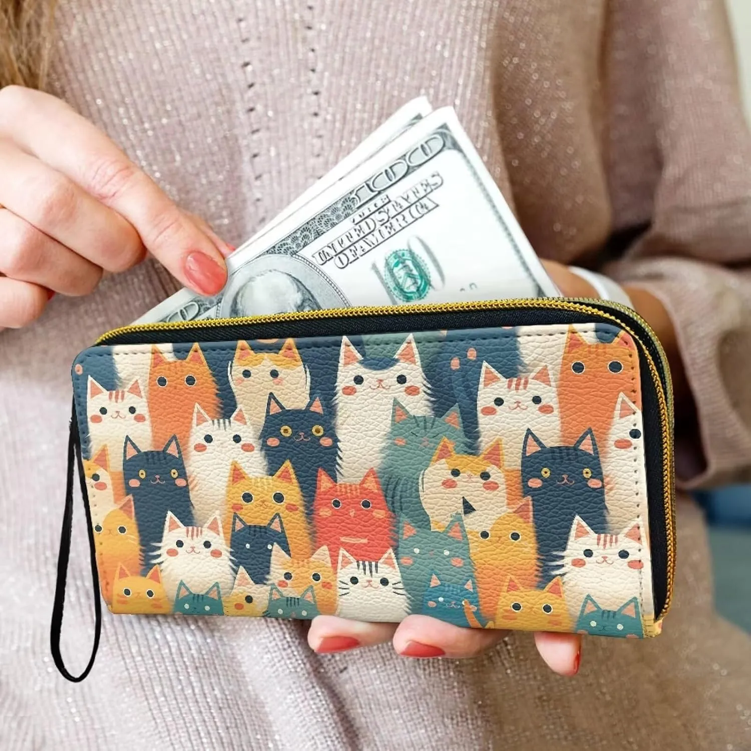 Kawaii Kitty Cats Slim Women Wallet Zip Around Phone Wallet, Colorful Cartoon Cat Print Wristlet Travel Long Purse for Women Large Capacity Bi-fold Slim Purse