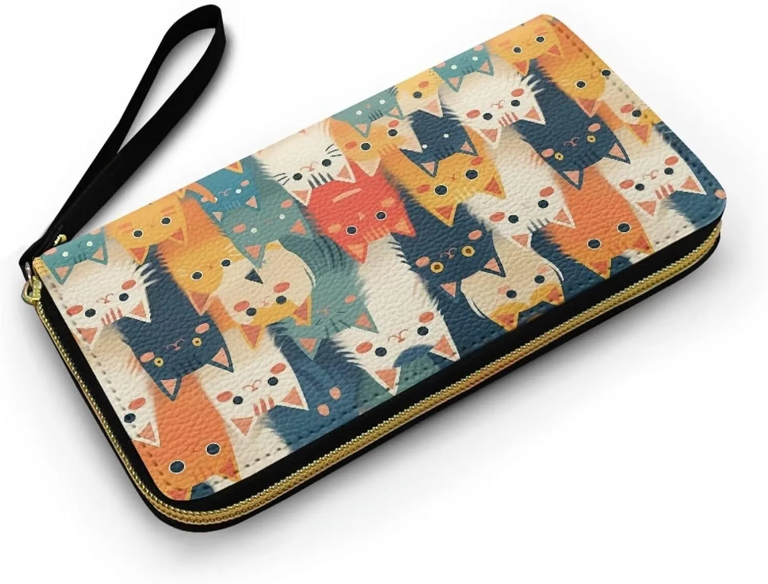 Kawaii Kitty Cats Slim Women Wallet Zip Around Phone Wallet, Colorful Cartoon Cat Print Wristlet Travel Long Purse for Women Large Capacity Bi-fold Slim Purse