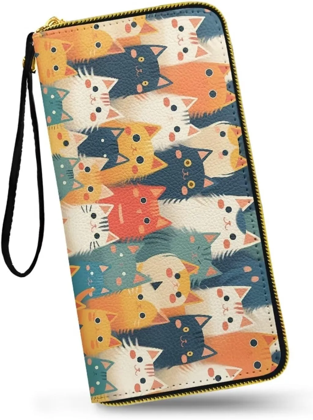Kawaii Kitty Cats Slim Women Wallet Zip Around Phone Wallet, Colorful Cartoon Cat Print Wristlet Travel Long Purse for Women Large Capacity Bi-fold Slim Purse