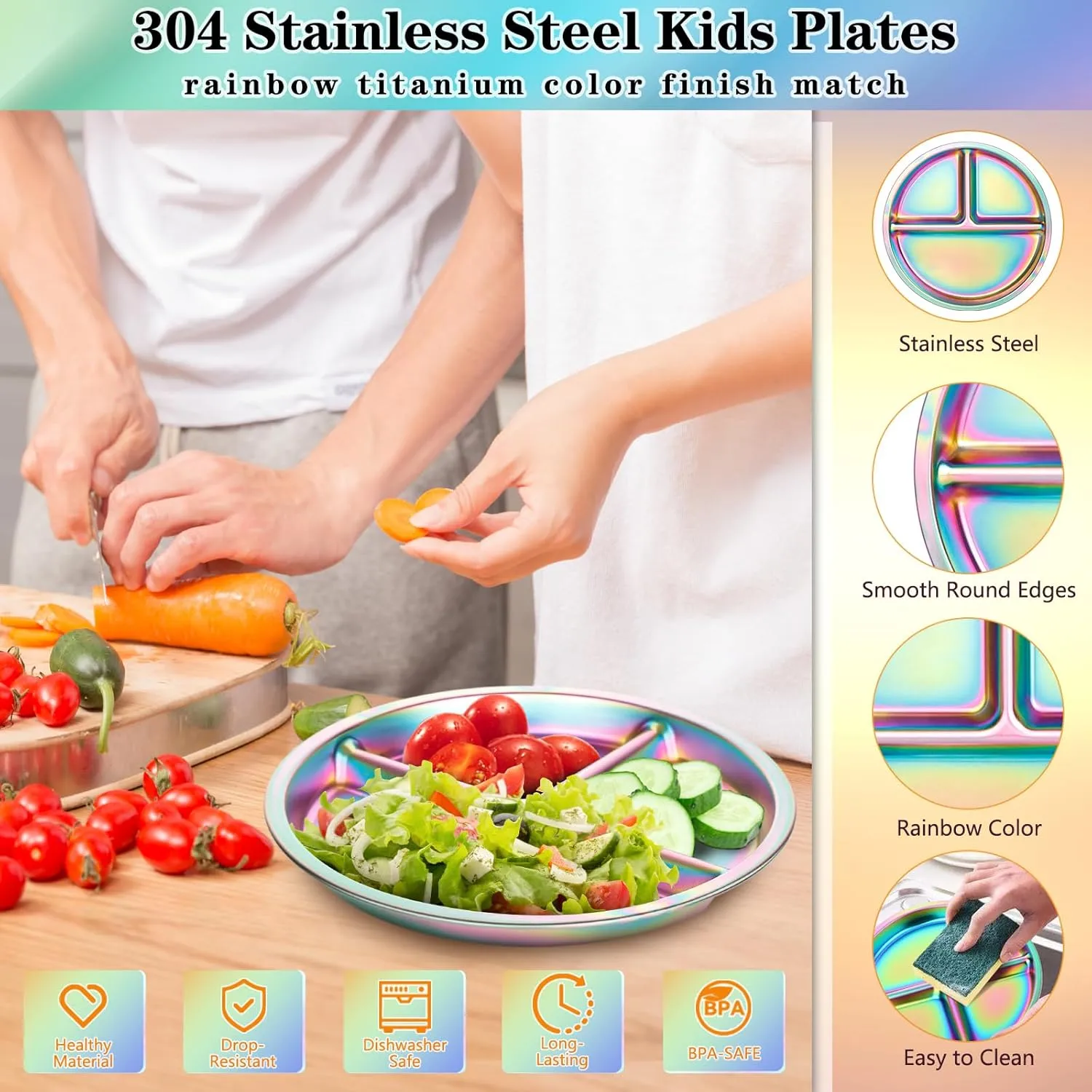 KesaPlan Stainless Steel Kids Plates, 4 Pack Stainless Steel Toddler Plate for Kids, Round Metal Portion Control Plate Divided Plates Reusable Baby Dinner Dishes Dishwasher safe (Rainbow)