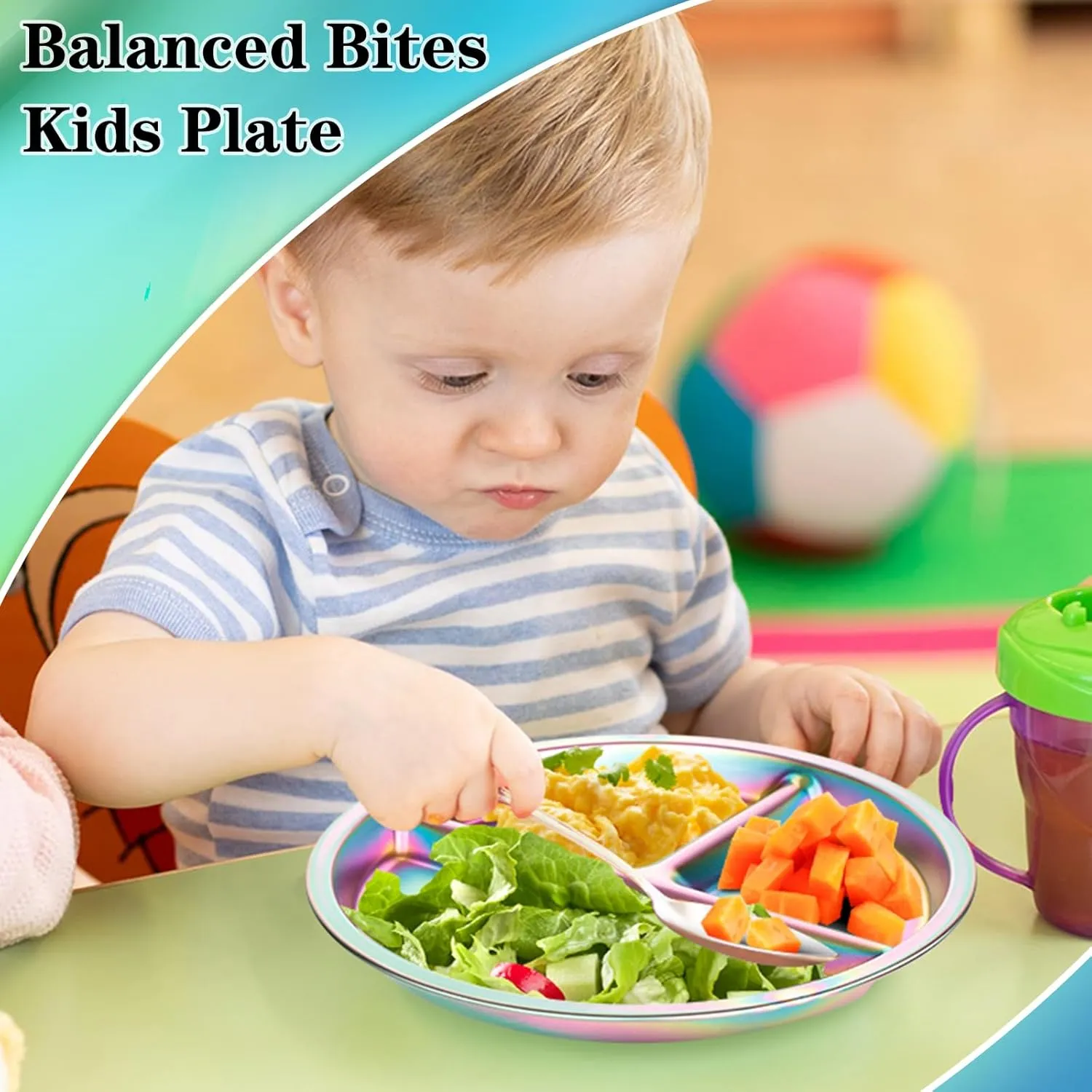 KesaPlan Stainless Steel Kids Plates, 4 Pack Stainless Steel Toddler Plate for Kids, Round Metal Portion Control Plate Divided Plates Reusable Baby Dinner Dishes Dishwasher safe (Rainbow)