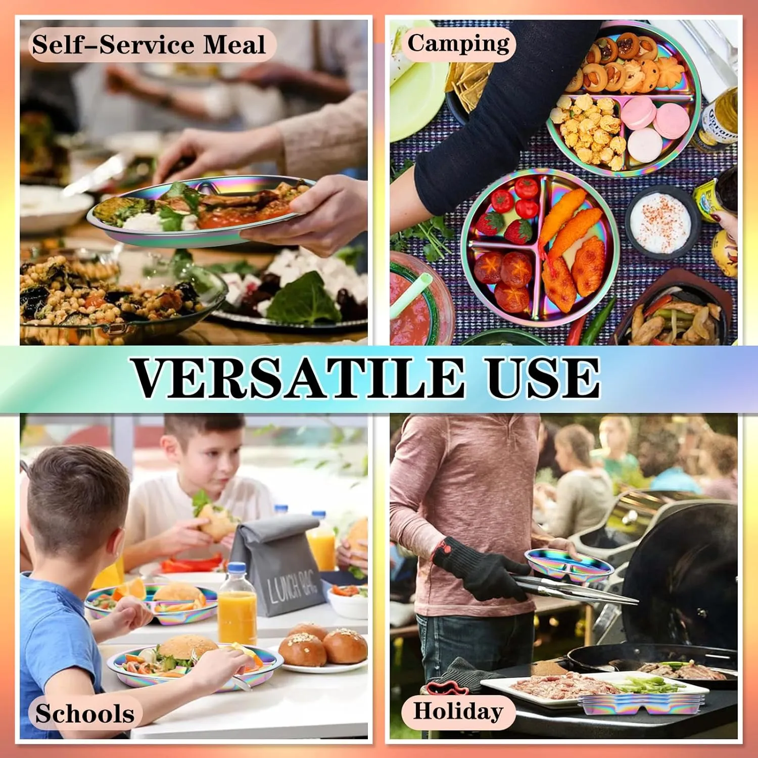 KesaPlan Stainless Steel Kids Plates, 4 Pack Stainless Steel Toddler Plate for Kids, Round Metal Portion Control Plate Divided Plates Reusable Baby Dinner Dishes Dishwasher safe (Rainbow)