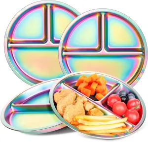 KesaPlan Stainless Steel Kids Plates, 4 Pack Stainless Steel Toddler Plate for Kids, Round Metal Portion Control Plate Divided Plates Reusable Baby Dinner Dishes Dishwasher safe (Rainbow)