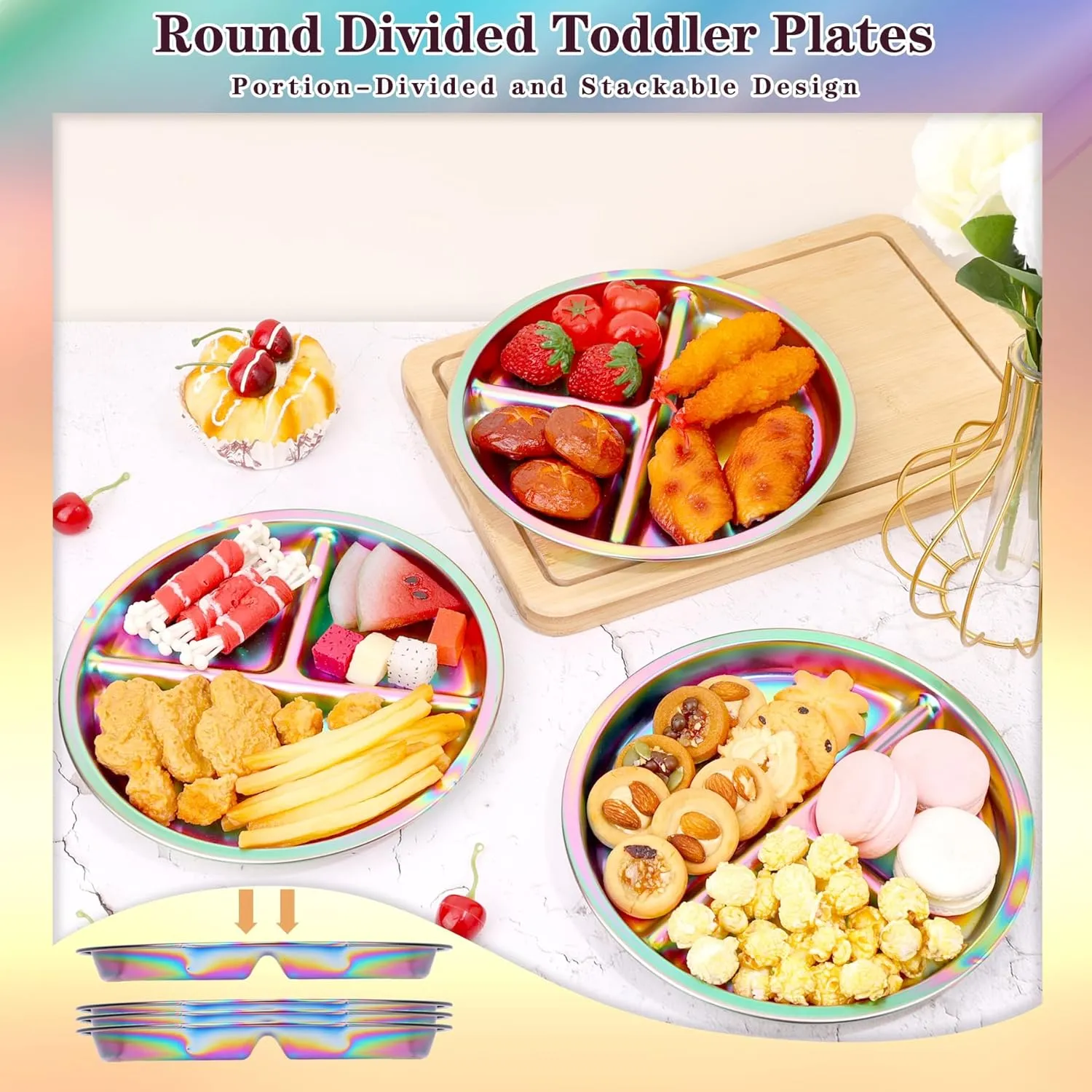 KesaPlan Stainless Steel Kids Plates, 4 Pack Stainless Steel Toddler Plate for Kids, Round Metal Portion Control Plate Divided Plates Reusable Baby Dinner Dishes Dishwasher safe (Rainbow)