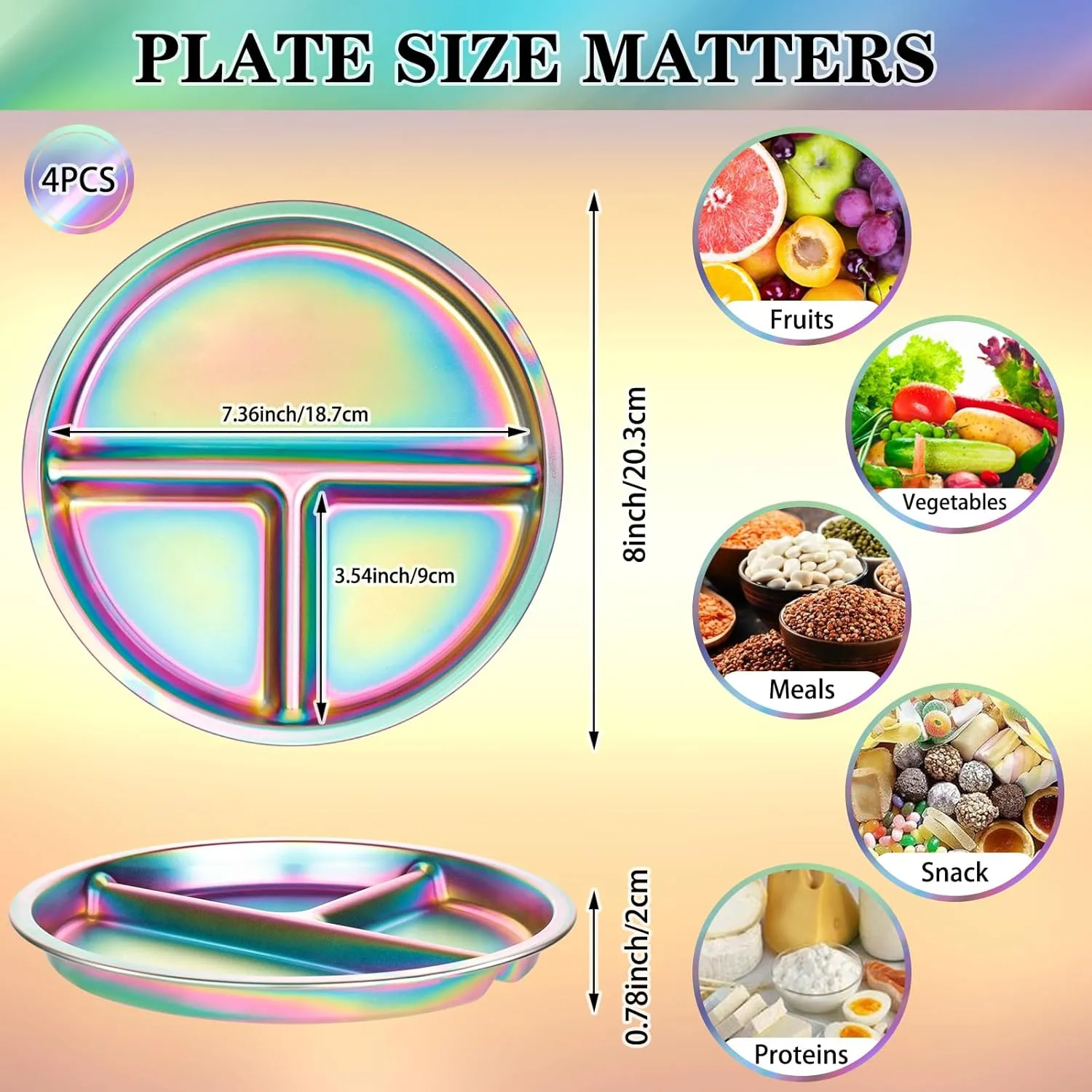 KesaPlan Stainless Steel Kids Plates, 4 Pack Stainless Steel Toddler Plate for Kids, Round Metal Portion Control Plate Divided Plates Reusable Baby Dinner Dishes Dishwasher safe (Rainbow)