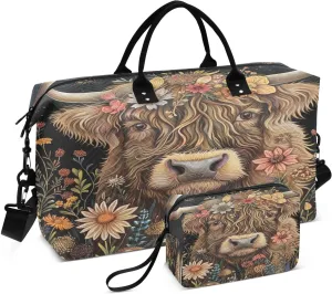 Kigai Beautiful Highland Cattle Cow Travel Duffel Bags 2PCS,Sports Duffel Bags for Men Women,Weekender Overnight Bag Gym Tote Bag with Toiletry Bag