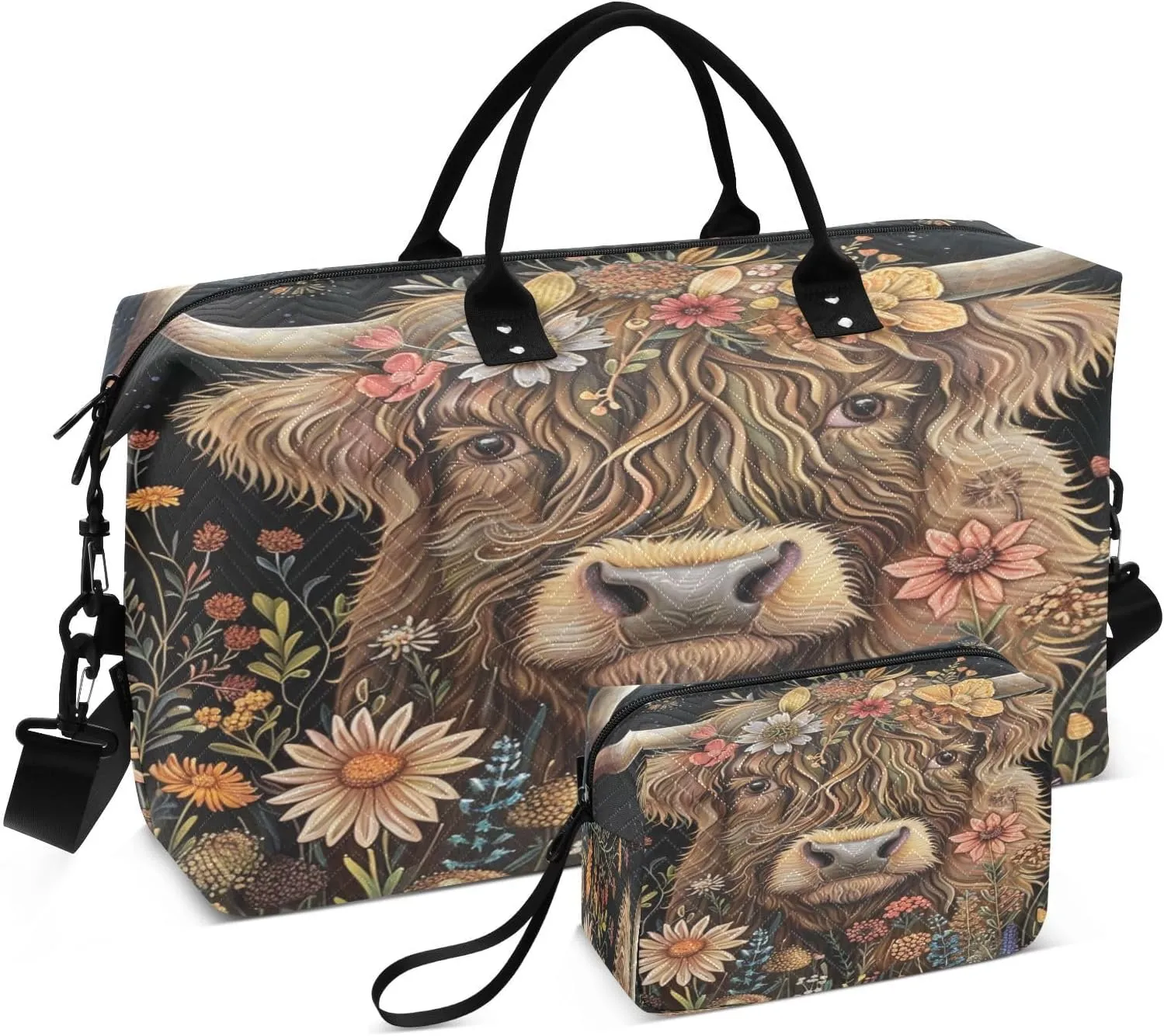 Kigai Beautiful Highland Cattle Cow Travel Duffel Bags 2PCS,Sports Duffel Bags for Men Women,Weekender Overnight Bag Gym Tote Bag with Toiletry Bag