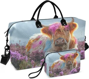 Kigai Colorful Cute Highland Cattle Travel Duffel Bags 2PCS,Sports Duffel Bags for Men Women,Weekender Overnight Bag Gym Tote Bag with Toiletry Bag