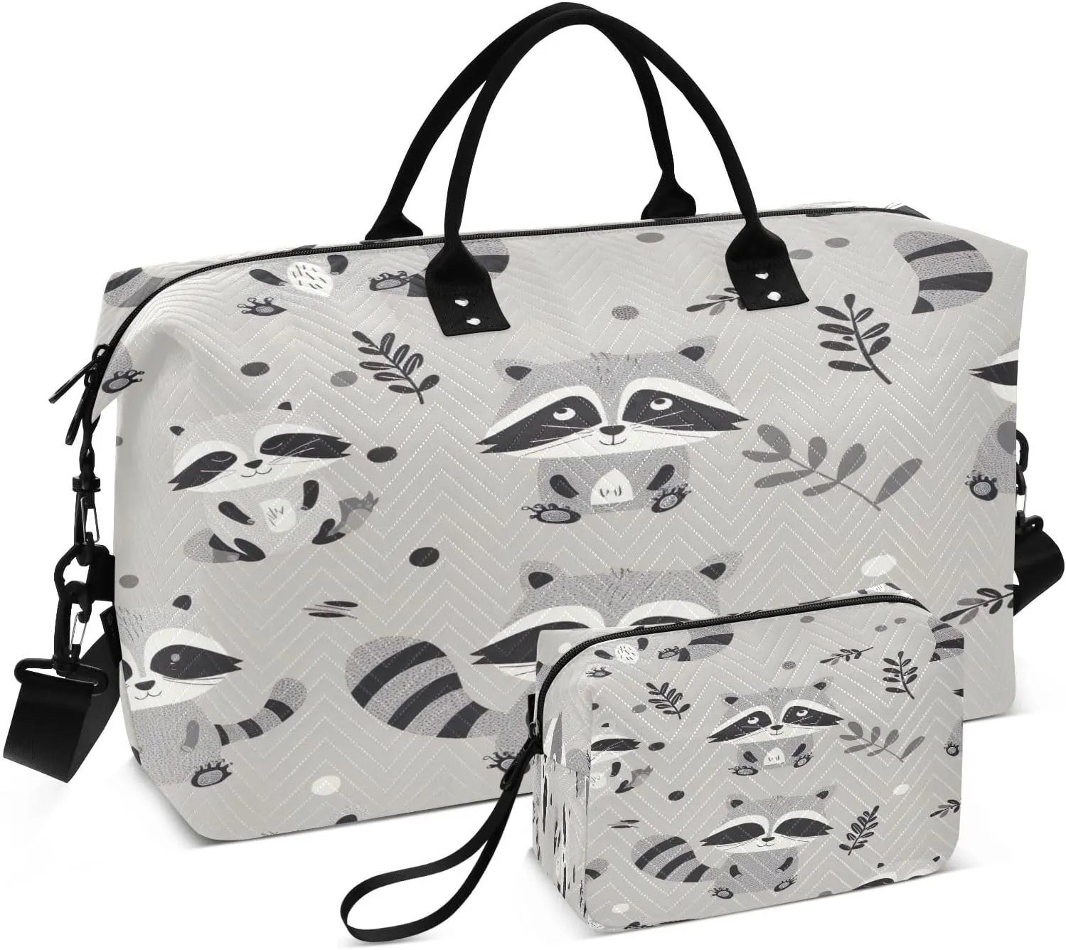 Kigai Cute Cartoon Raccoon Travel Duffel Bags 2PCS,Sports Duffel Bags for Men Women,Weekender Overnight Bag Gym Tote Bag with Toiletry Bag