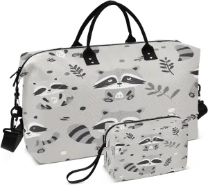 Kigai Cute Cartoon Raccoon Travel Duffel Bags 2PCS,Sports Duffel Bags for Men Women,Weekender Overnight Bag Gym Tote Bag with Toiletry Bag