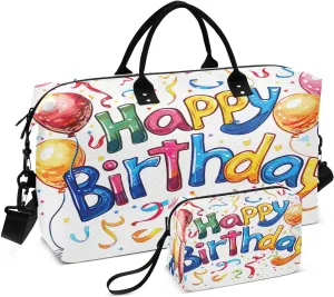Kigai Happy Birthday Balloon Travel Duffel Bags 2PCS,Sports Duffel Bags for Men Women,Weekender Overnight Bag Gym Tote Bag with Toiletry Bag