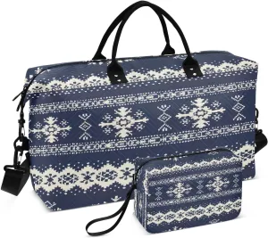Kigai Scandinavian Fair Isle Design Style Travel Duffel Bags 2PCS,Sports Duffel Bags for Men Women,Weekender Overnight Bag Gym Tote Bag with Toiletry Bag