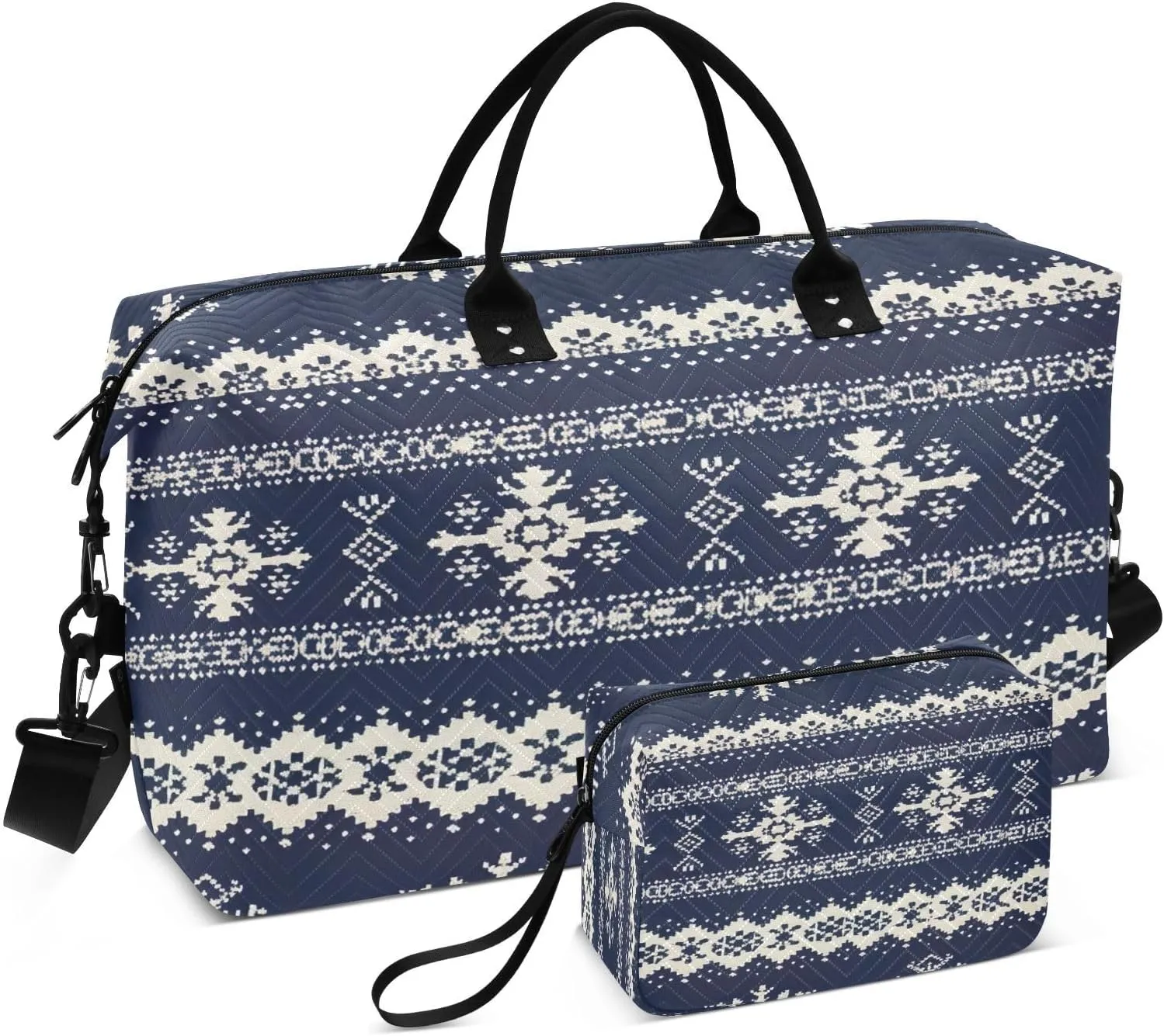 Kigai Scandinavian Fair Isle Design Style Travel Duffel Bags 2PCS,Sports Duffel Bags for Men Women,Weekender Overnight Bag Gym Tote Bag with Toiletry Bag