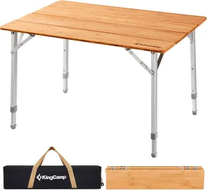 KingCamp Adjustable Height Folding Table, 4-Fold Bamboo Camping Outdoor Portable RV Camp Table with Carry Bag for Outdoor Car Backyard Picnic Tailgating Beach