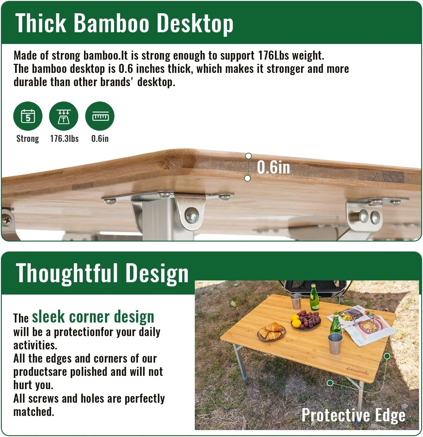 KingCamp Adjustable Height Folding Table, 4-Fold Bamboo Camping Outdoor Portable RV Camp Table with Carry Bag for Outdoor Car Backyard Picnic Tailgating Beach