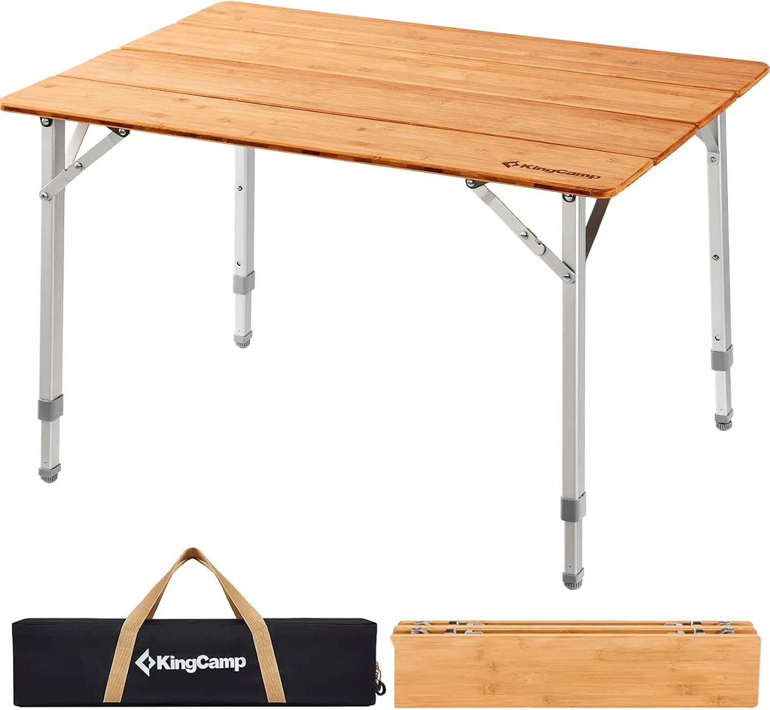 KingCamp Adjustable Height Folding Table, 4-Fold Bamboo Camping Outdoor Portable RV Camp Table with Carry Bag for Outdoor Car Backyard Picnic Tailgating Beach