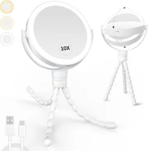 Kintion Lighted Makeup Mirror, 1X/10X Double Sided LED Magnifying Mirror, 3 Color Lights Touch Dimmable Rechargeable Portable Travel Makeup Mirror with Detachable Stand,White
