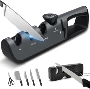 Knife Sharpener, 4-in-1 Knife Sharpeners for Kitchen with Adjustable Sharpening Angle, Manual Knife Blade Sharpener Tool for Repair, Sharpen and Polish Scissors, Professional Chef's Knives (Grey)