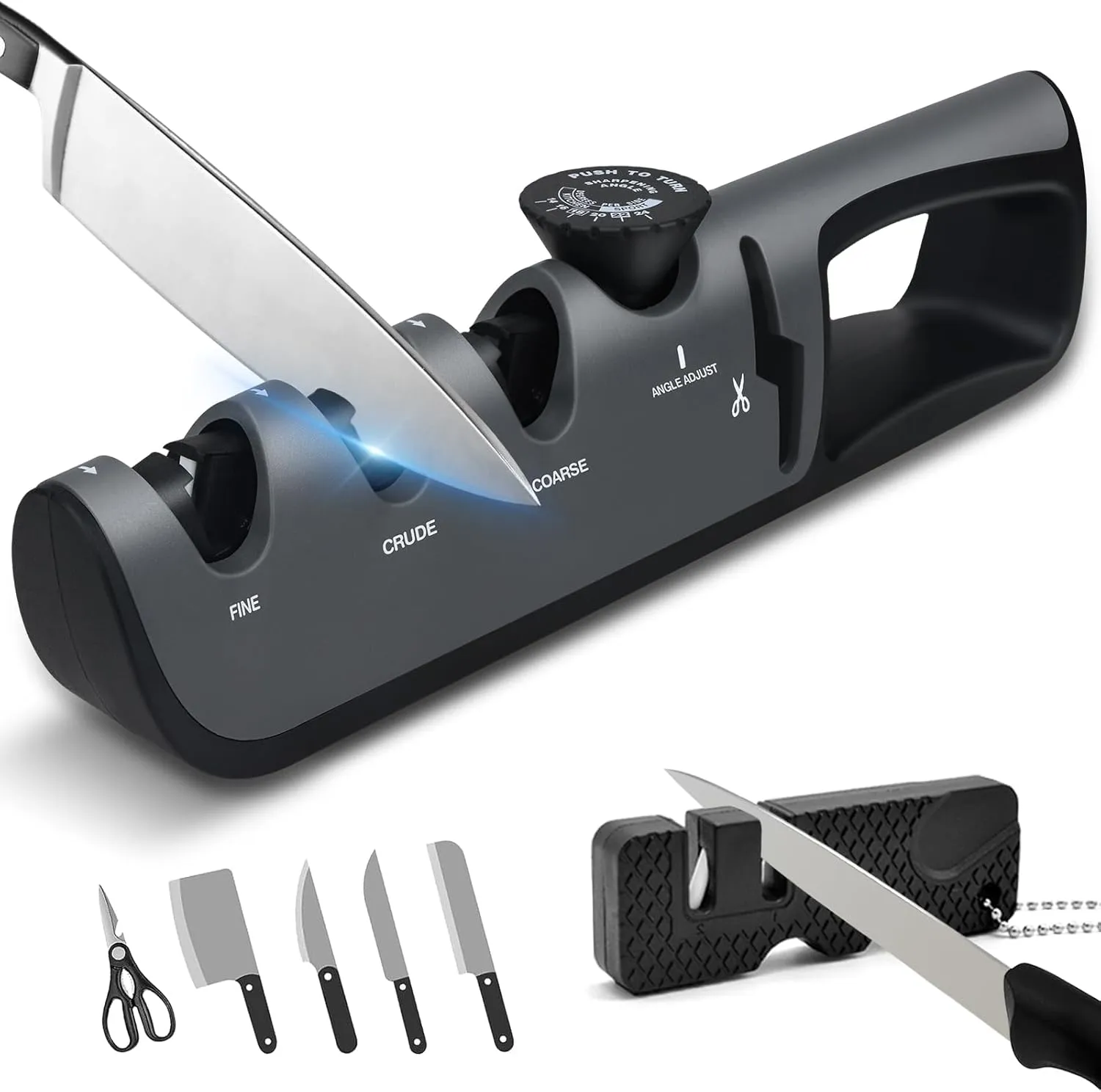 Knife Sharpener, 4-in-1 Knife Sharpeners for Kitchen with Adjustable Sharpening Angle, Manual Knife Blade Sharpener Tool for Repair, Sharpen and Polish Scissors, Professional Chef's Knives (Grey)