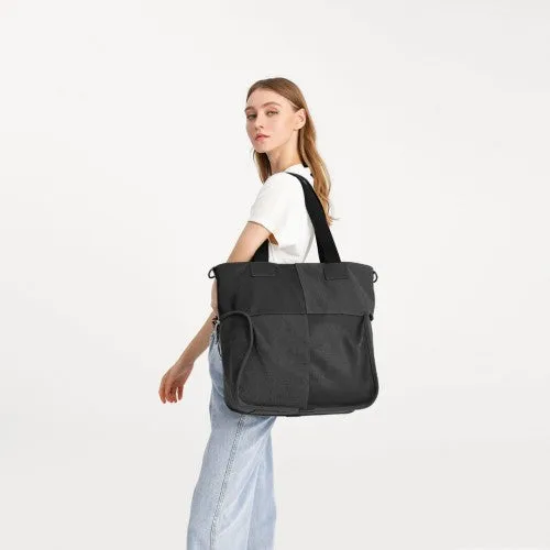 Kono Paneled Contrast Large Capacity Canvas Shoulder Bag - Black