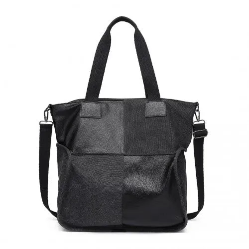 Kono Paneled Contrast Large Capacity Canvas Shoulder Bag - Black