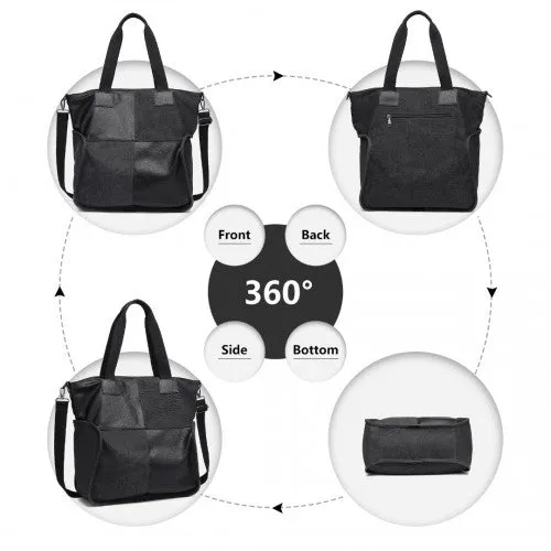 Kono Paneled Contrast Large Capacity Canvas Shoulder Bag - Black
