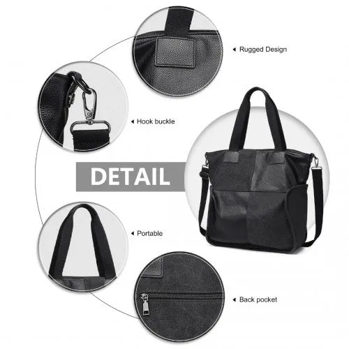 Kono Paneled Contrast Large Capacity Canvas Shoulder Bag - Black