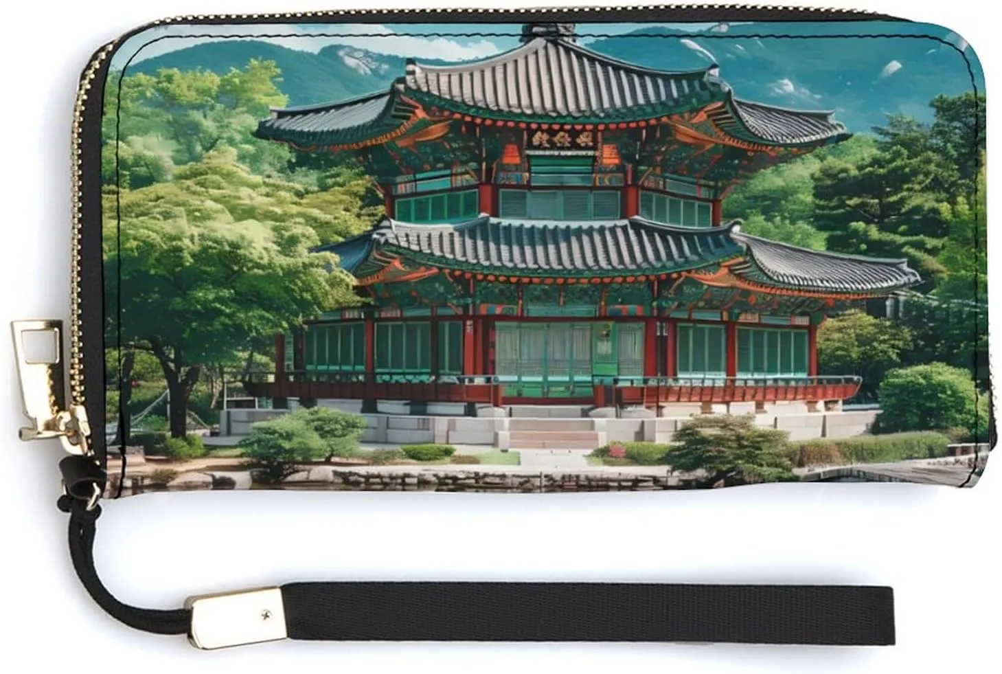 Korean Architecture Palace of Koreas Long Wallet Leather Clutch Purse Handbag with Zip for Men Women