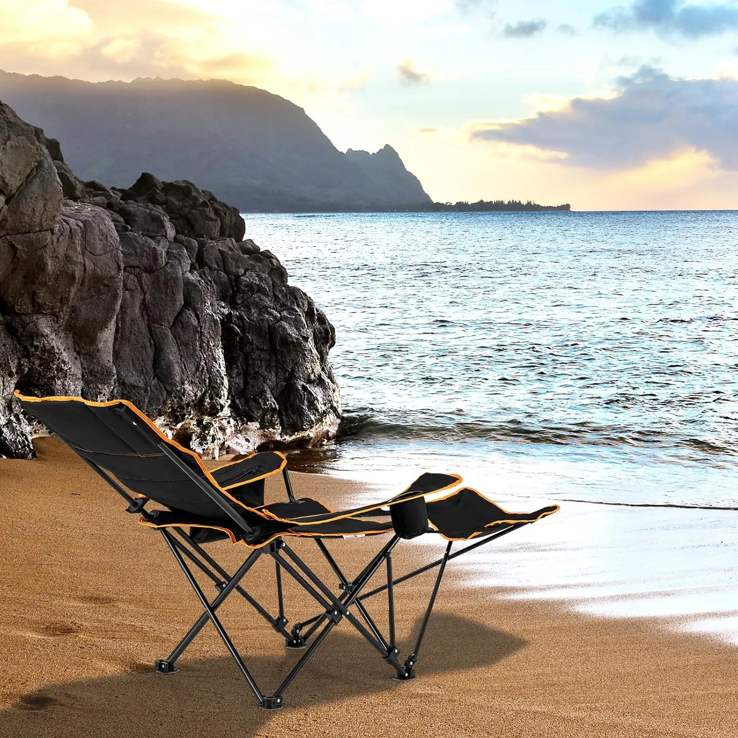 KOTEK Reclining Camping Chair, Portable Camp Chair with Removable Footrest, Adjustable Backrest, Cup Holder, Cooler Bag & Carry Bag, Folding Lawn Chair for Adults Outdoor Activities (1)