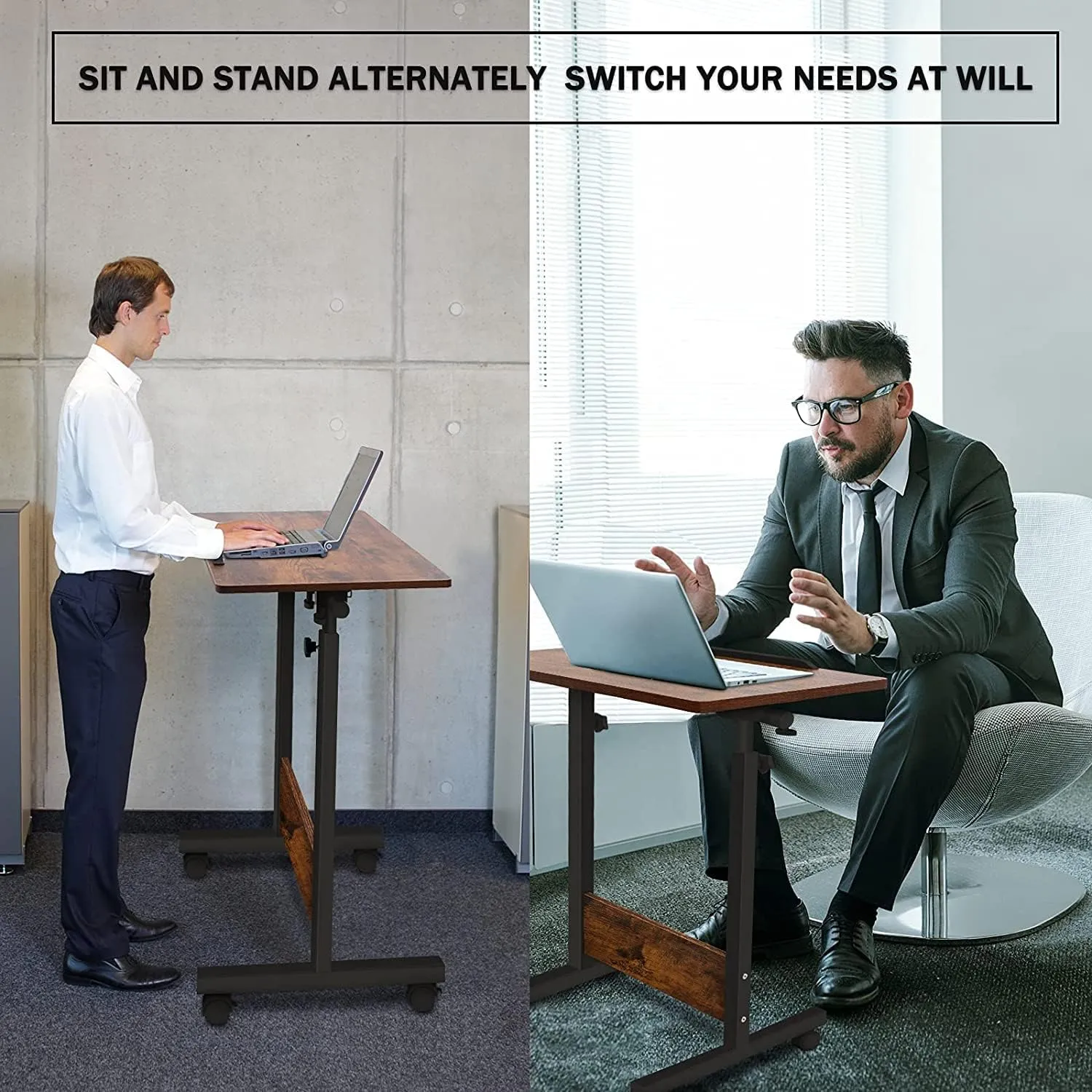 KOUPA Adjustable Mobile Standing Desk Large widths16 in Length 31 in, Rolling Computer Workstation with Lockable Wheels for Home Office, 360 Degree Flip Tilt Foldable Laptop Table Cart for Standing