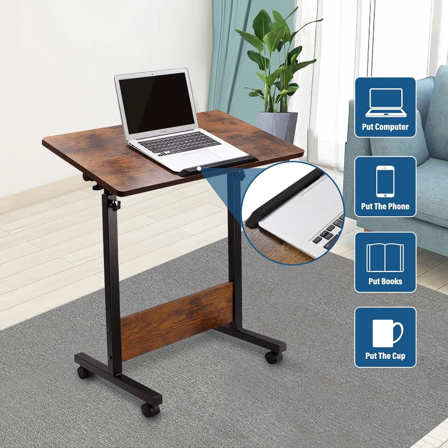 KOUPA Adjustable Mobile Standing Desk Large widths16 in Length 31 in, Rolling Computer Workstation with Lockable Wheels for Home Office, 360 Degree Flip Tilt Foldable Laptop Table Cart for Standing