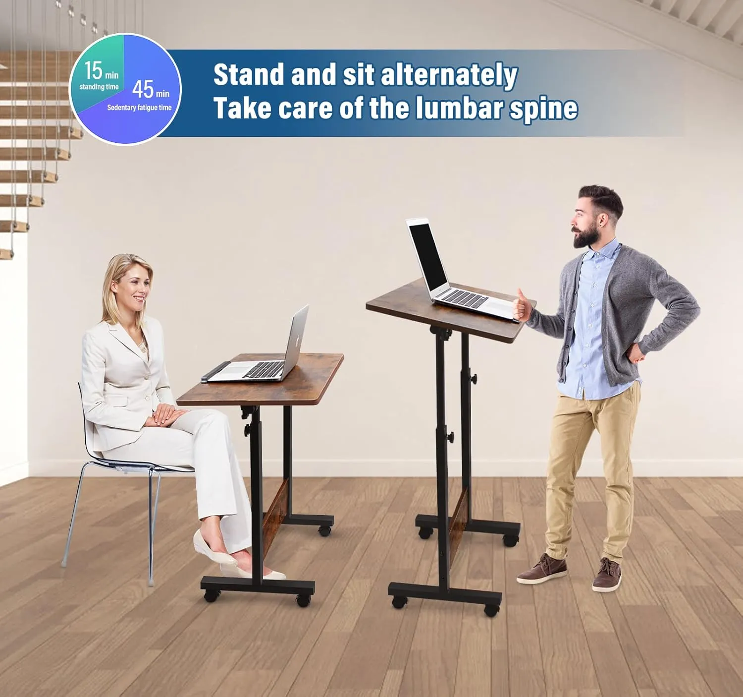 KOUPA Adjustable Mobile Standing Desk Large widths16 in Length 31 in, Rolling Computer Workstation with Lockable Wheels for Home Office, 360 Degree Flip Tilt Foldable Laptop Table Cart for Standing