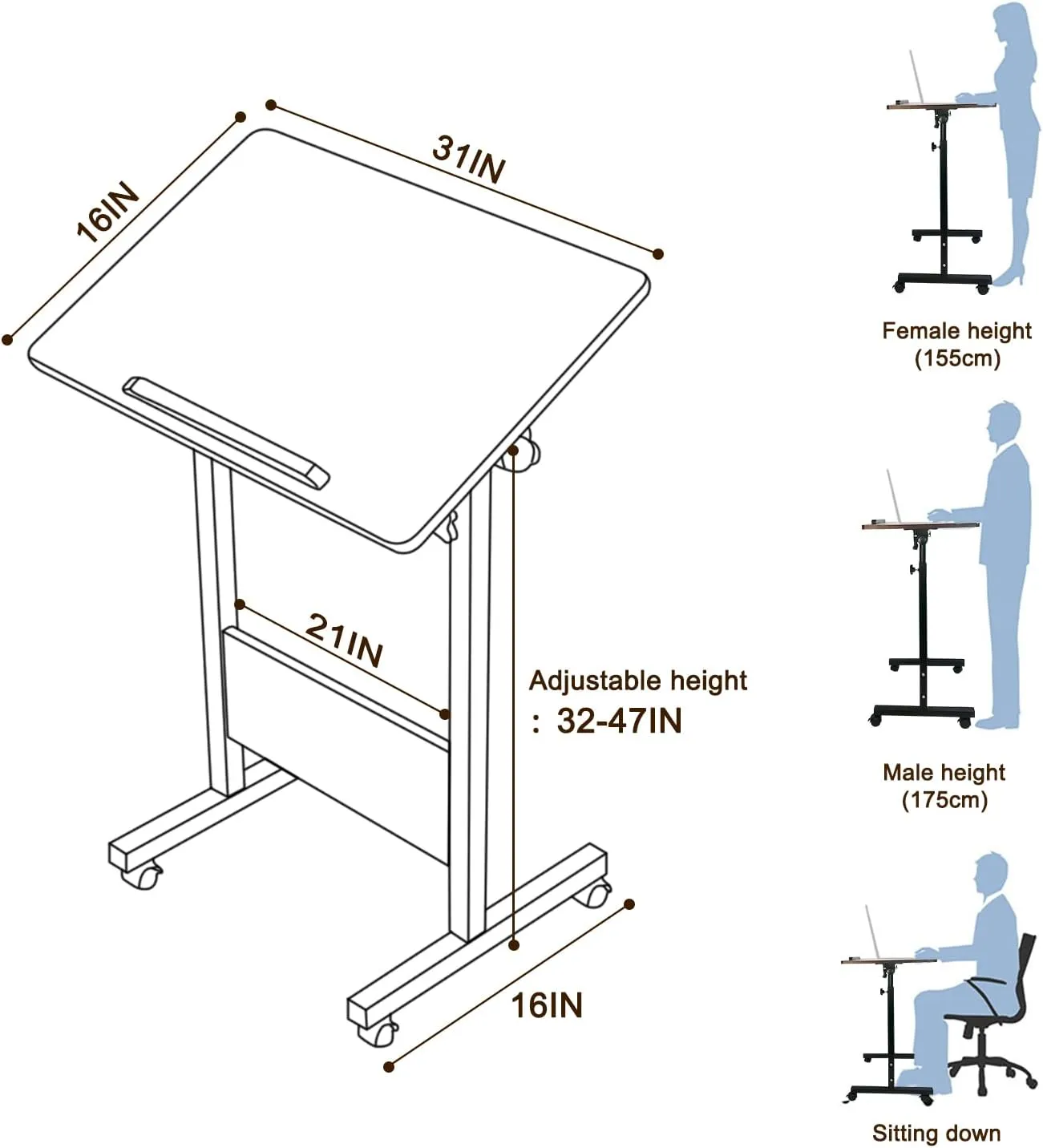 KOUPA Adjustable Mobile Standing Desk Large widths16 in Length 31 in, Rolling Computer Workstation with Lockable Wheels for Home Office, 360 Degree Flip Tilt Foldable Laptop Table Cart for Standing