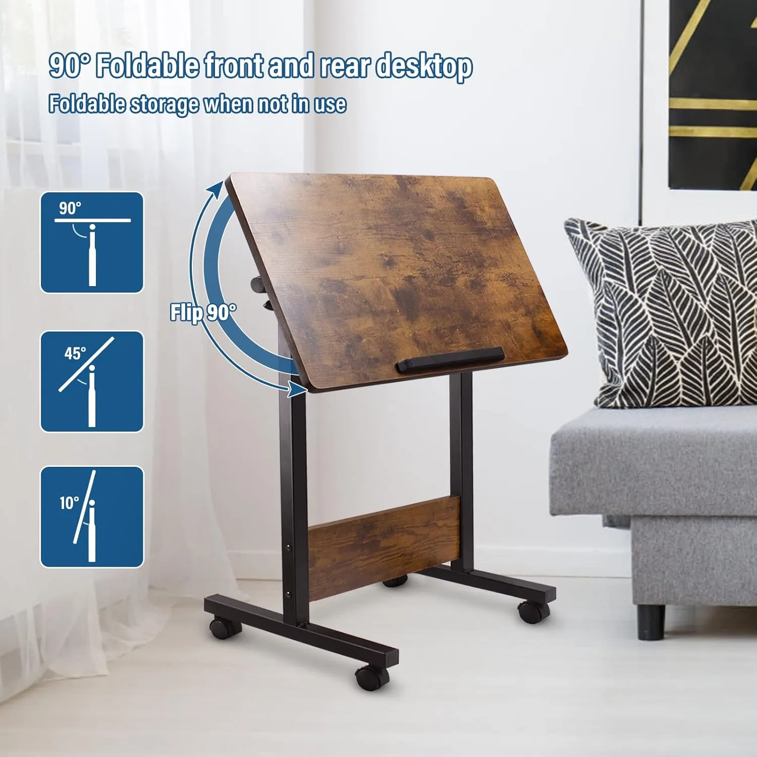 KOUPA Adjustable Mobile Standing Desk Large widths16 in Length 31 in, Rolling Computer Workstation with Lockable Wheels for Home Office, 360 Degree Flip Tilt Foldable Laptop Table Cart for Standing