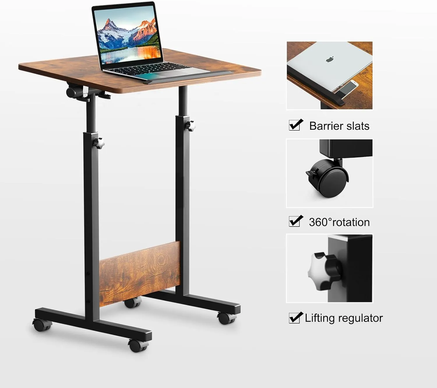 KOUPA Adjustable Mobile Standing Desk Large widths16 in Length 31 in, Rolling Computer Workstation with Lockable Wheels for Home Office, 360 Degree Flip Tilt Foldable Laptop Table Cart for Standing