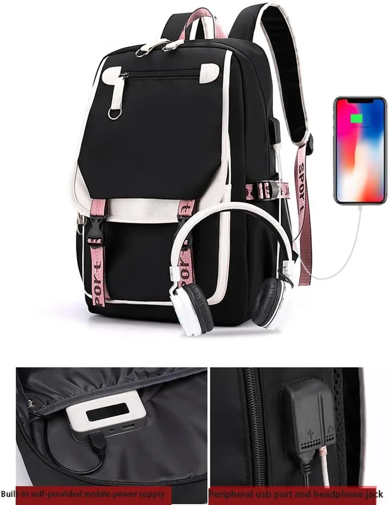 Kpop Backpack Lisa Rose JISOO Jennie Shouler Bag Messenger Bag Fashion USB Charging Backpack (black 4)