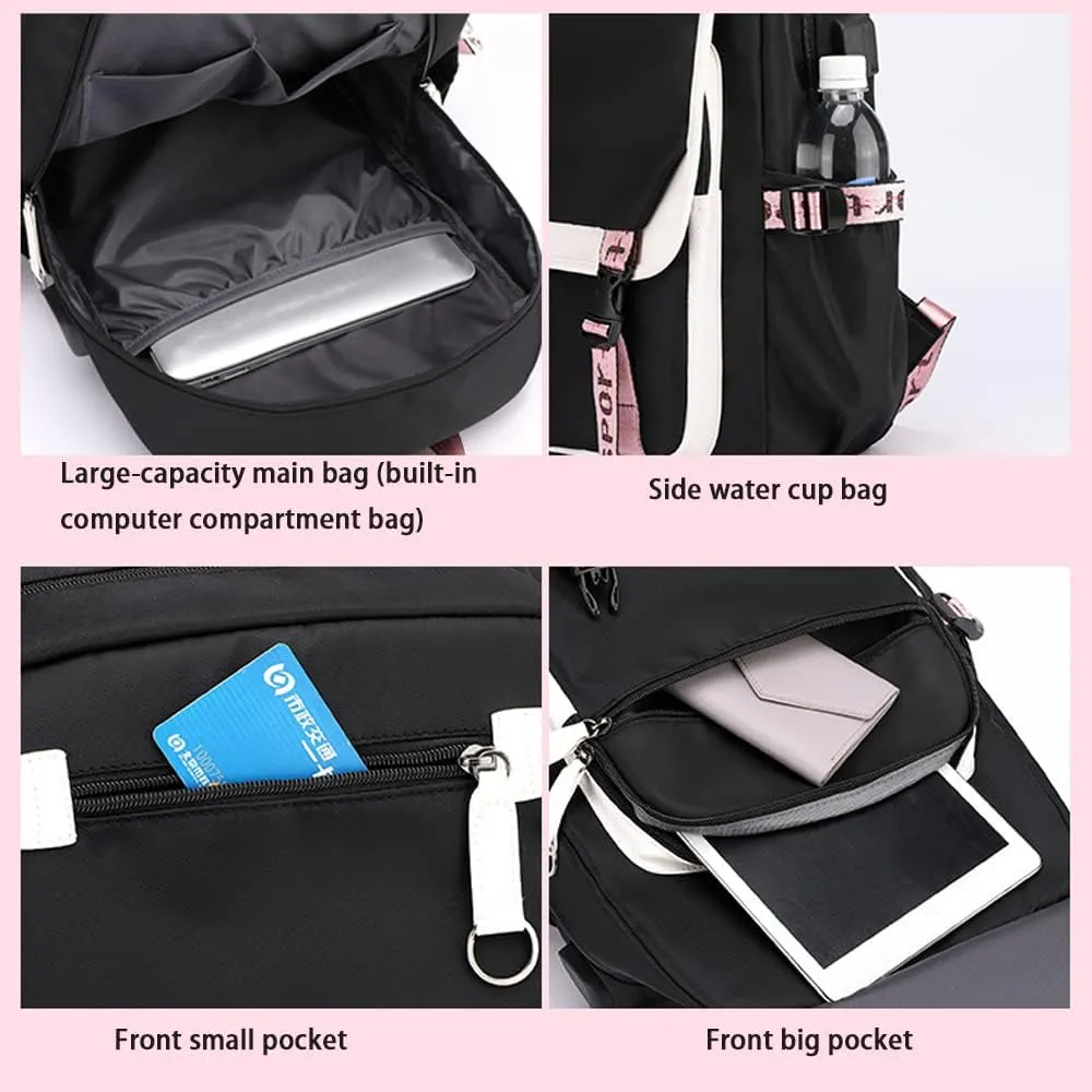 Kpop Backpack Lisa Rose JISOO Jennie Shouler Bag Messenger Bag Fashion USB Charging Backpack (black 4)