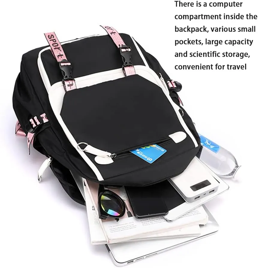 Kpop Backpack Lisa Rose JISOO Jennie Shouler Bag Messenger Bag Fashion USB Charging Backpack (black 4)
