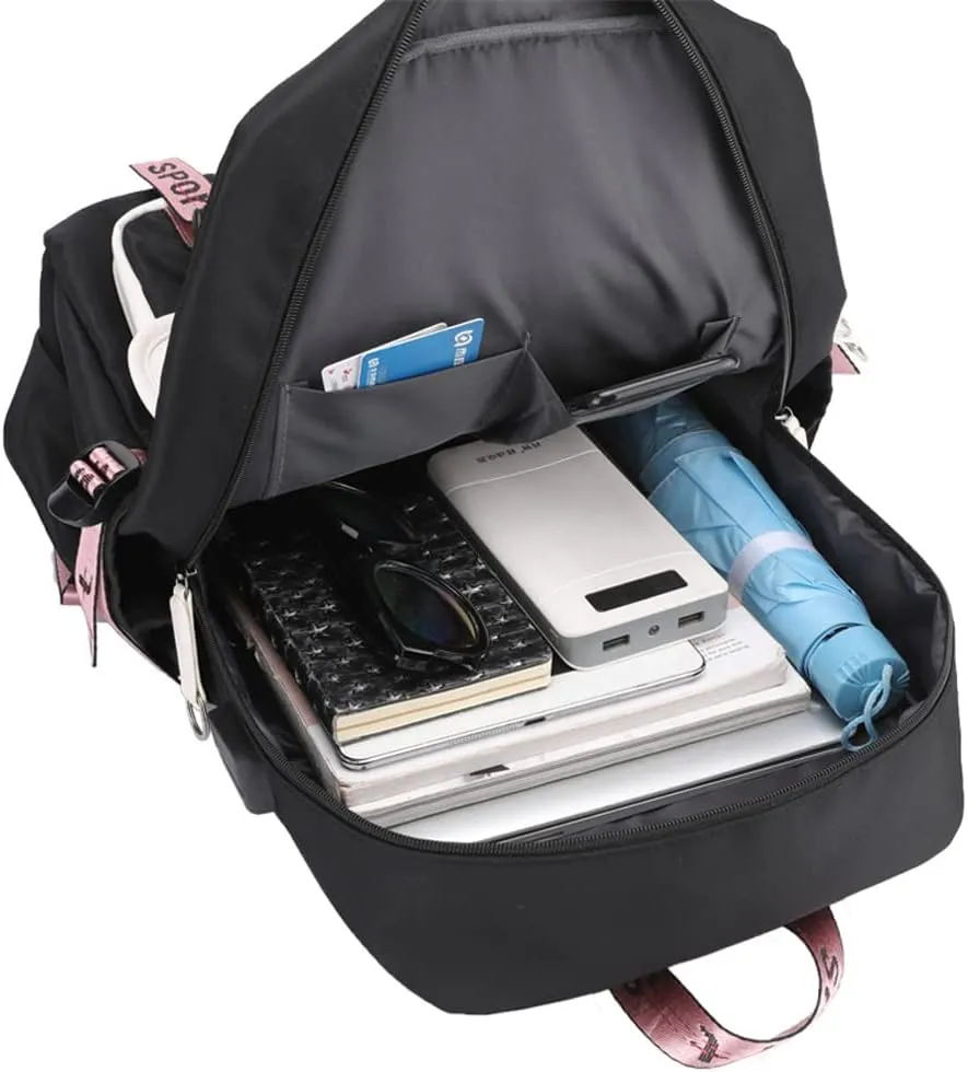 Kpop Backpack Lisa Rose JISOO Jennie Shouler Bag Messenger Bag Fashion USB Charging Backpack (black 4)