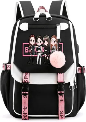 Kpop Backpack Lisa Rose JISOO Jennie Shouler Bag Messenger Bag Fashion USB Charging Backpack (black 4)