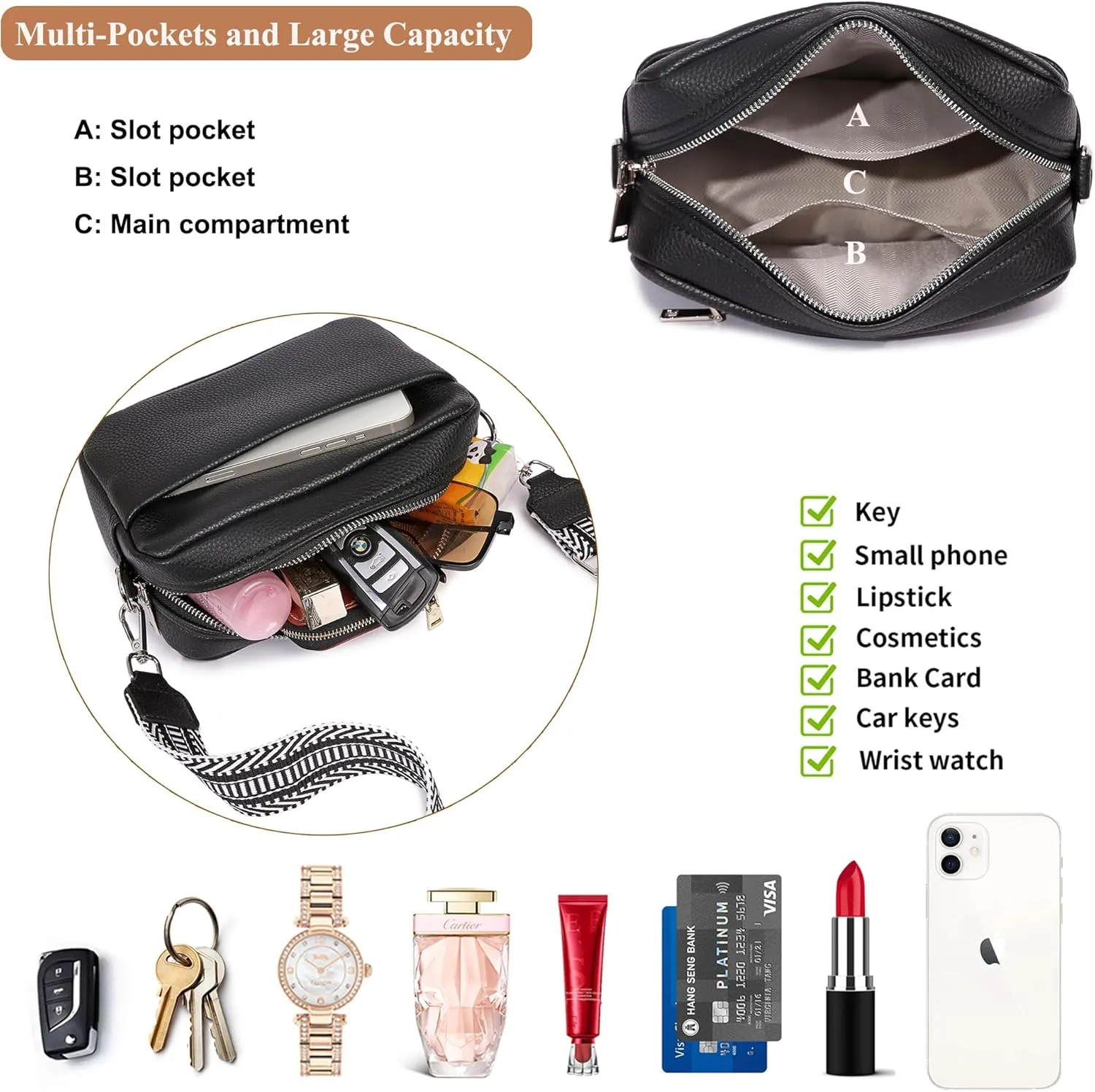 Kseymeir Small Shoulder Crossbody Bag for Women Vegan Leather Handbag Purse Triple Zip Wallet Purse Trendy Bag