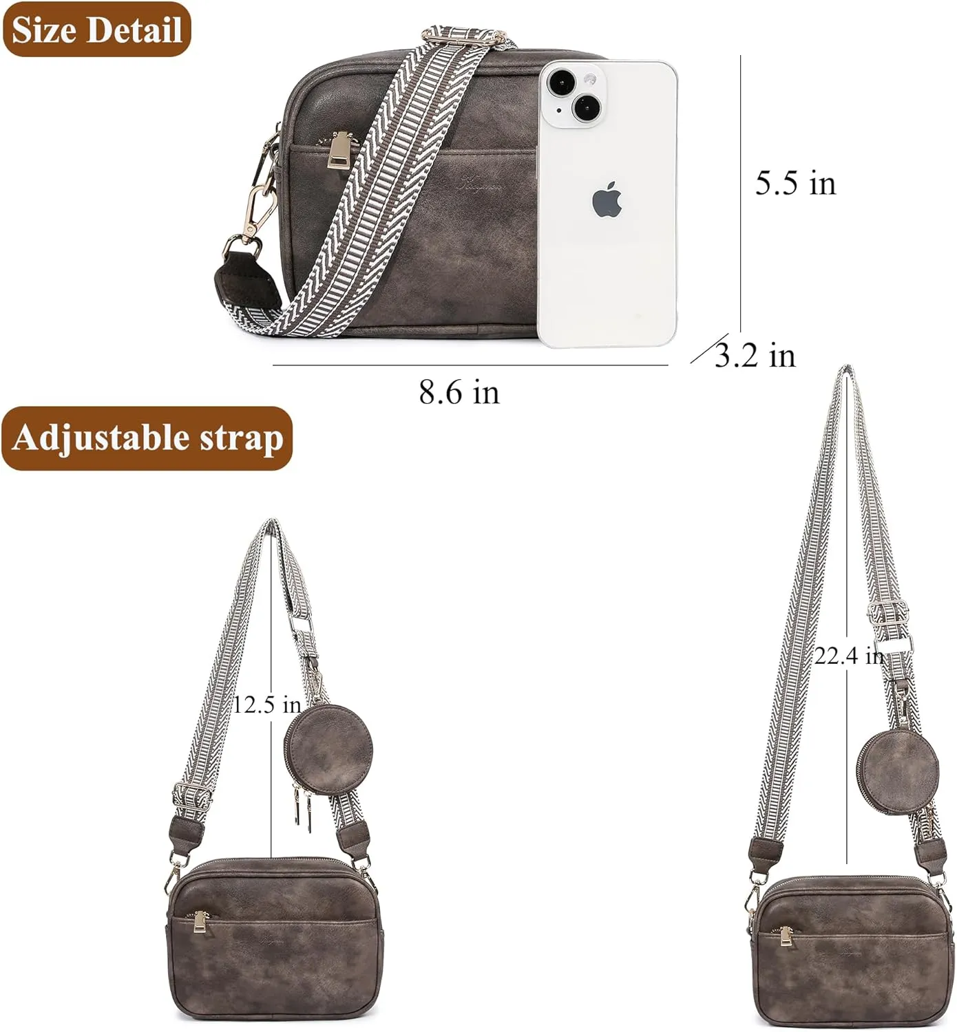 Kseymeir Small Shoulder Crossbody Bag for Women Vegan Leather Handbag Purse Triple Zip Wallet Purse Trendy Bag