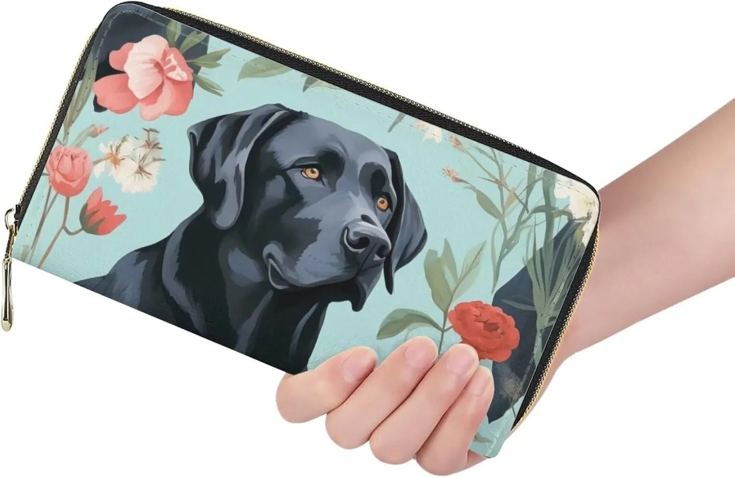 Labrador Wallet for Women, Floral Pu Leather Zip Around Long Wallet, Soft Wallet for Tarvel Shopping, Gift Presents for Women, Green
